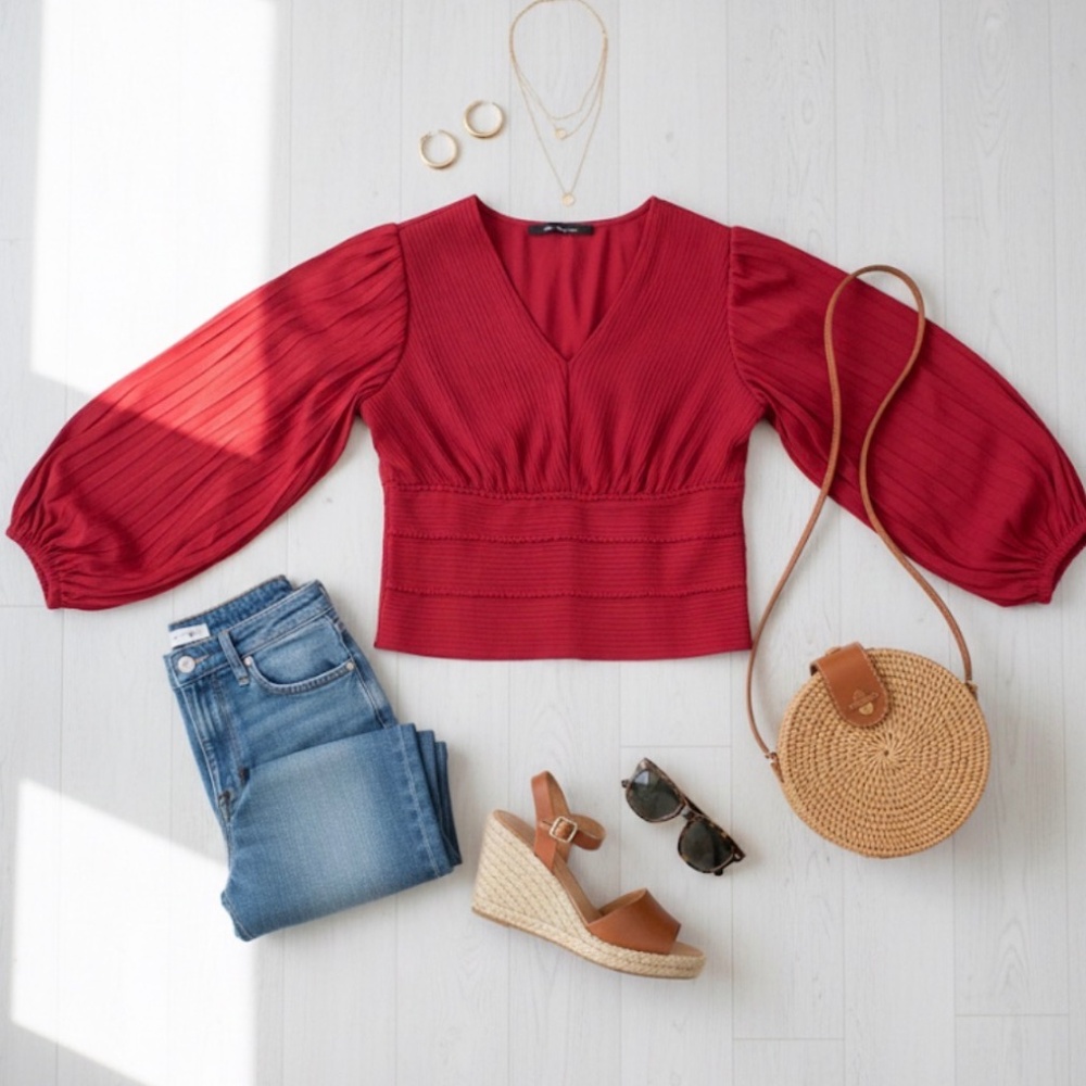 ✨ V-Neck Lantern Sleeve Pleated Blouse in Crimson Red - Size Small